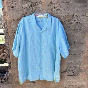 Tommy Bahama Mens Big Aqua Blue 100% Linen Button Up Shirt 2XLB